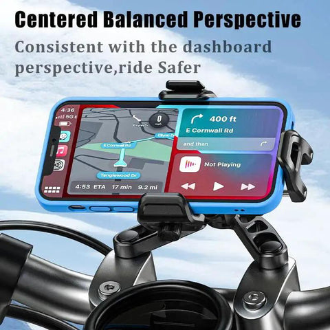 Motorcycle handlebar with CNC aluminum ball base mount holding a phone using navigation, focused on motorcycle front fork stem.