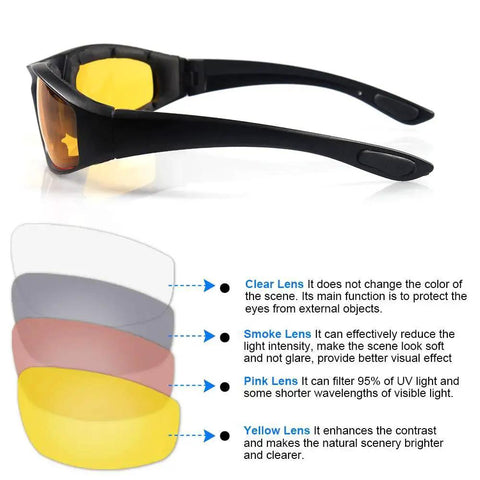 3 Pair Motorcycle Riding Glasses With Padding Goggles UV400 Protection Windproof showing yellow lenses and features