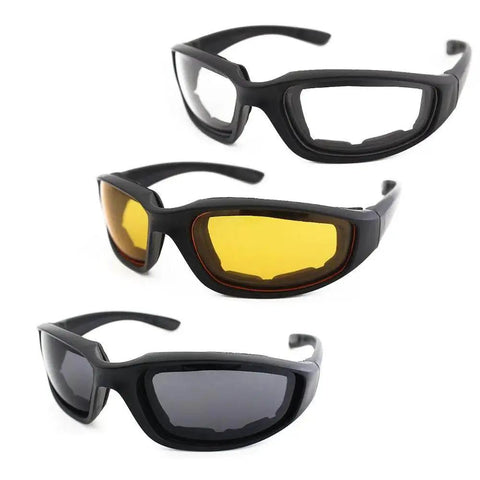 3 Pair Motorcycle Riding Glasses With Padding Goggles UV400 Protection Windproof, showing clear, yellow, and dark lenses.