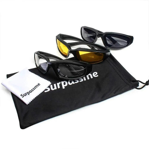 3 Pair Motorcycle Riding Glasses With Padding Goggles UV400 Protection Windproof on pouch with cleaning cloth