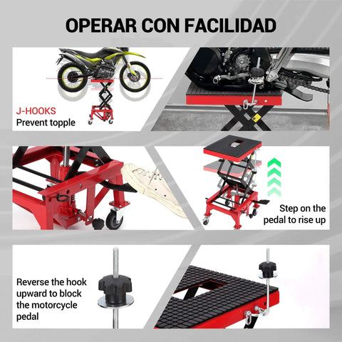 Foot Operated Hydraulic Motorcycle Lift Jack With 350 Lb Capacity, Wide Deck And Locking Wheels, Red, multiple views