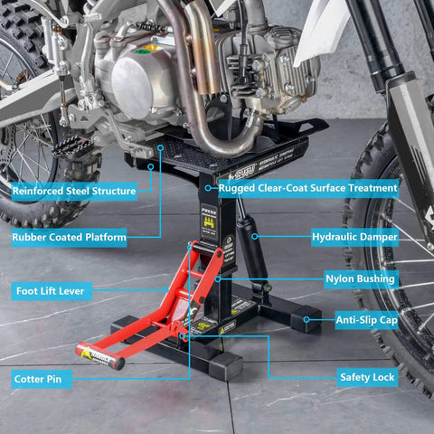 Side view of Heavy Duty Hydraulic Motorcycle Lift Stand With 1000 Lbs Capacity, Durable Steel Maintenance Hoist For Dirt Bikes And Snowmobiles.