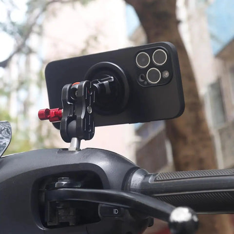 20mm Ball Adapter With M8 Stud For Motorcycle GPS And Dash Cam Mounts attached to handlebar, with smartphone in position