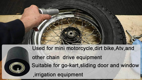 Person working on motorcycle wheel with mechanical pulley bearing text overlay, suitable for diversified chain drive equipment.
