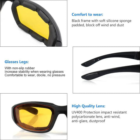 Close-up of 3 Pair Motorcycle Riding Glasses with Padding Goggles UV400 Protection Windproof, showcasing yellow lenses and padded frames.