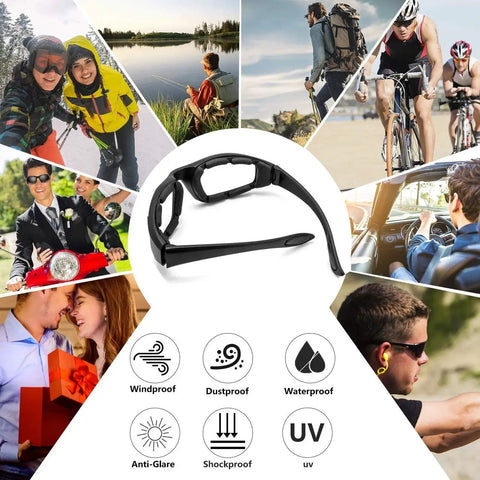 3 Pair Motorcycle Riding Glasses With Padding Goggles UV400 Protection Windproof, surrounded by activity images and feature icons
