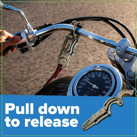 Quick Release Panic Strap Snap Hook For Motorcycle Get Back Whips Animal Leads And Paracord Projects 2 Pack in use on motorcycle handlebar
