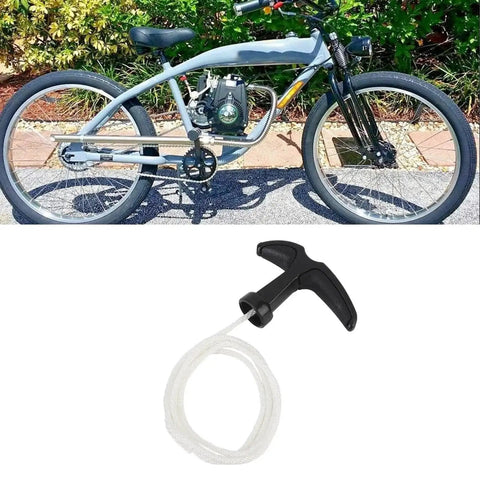 Heavy Duty Nylon Starter Rope And Handle with Comfortable Grip for 2 Stroke Engines, shown with outdoor power equipment.