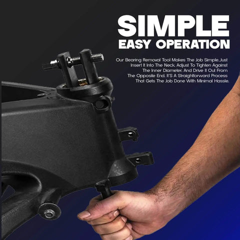 Hand using Beefy Motorcycle Steering Stem Bearing Race Removal Tool Neck Bearing Race Puller For One Eighth Inch To Two And Five Eighths Inch Races in operation