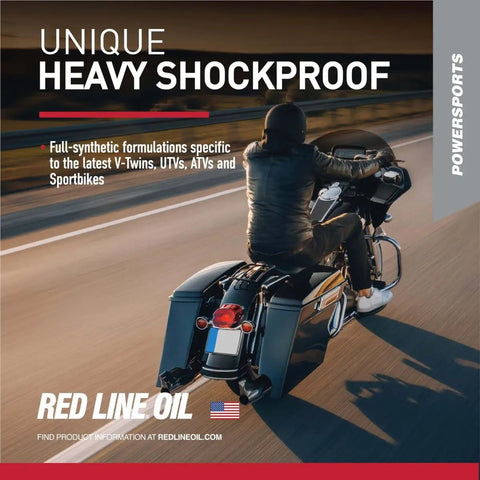 Motorcycle riding with Full Synthetic V-Twin Gear Oil With Shockproof Technology for quiet shifts and protection displayed.