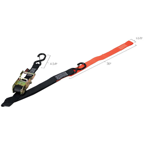 Tie-down strap from Deluxe Motorcycle Wheel Chock And Tie-Down Kit Extreme Max 5600.3204, adjustable, with steel hooks.