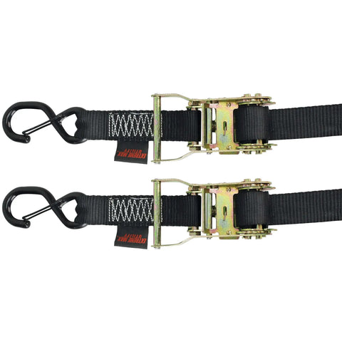 Two black tie-down straps with hooks from Deluxe Motorcycle Wheel Chock And Tie-Down Kit Extreme Max 5600.3204.