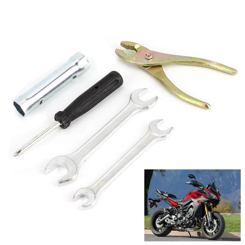 Compact Motorcycle Tool Kit With Socket Wrench Set, Screwdrivers And Pliers, Lightweight All In One Hand Tool Set For Maintenance And Repairs, Portable DIY Motorcycle Fix Kit For On The Go. Image of tool set with wrench and pliers.