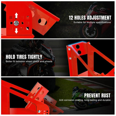 Multiple close-up views of Heavy Duty Motorcycle Wheel Chock And Front Tire Stand, 12 holes adjustment, tire fit and rust prevention details.