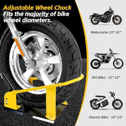 Adjustable Motorcycle Wheel Chock Stand With Auto Lock Swivel For 15 To 21 Inch Tires, Heavy Duty Steel Support, shown holding bike tire.