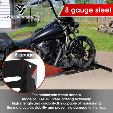 Heavy Duty Motorcycle Wheel Chock And Universal Front Wheel Stand For Trailers And Rigs 1800 Lb Capacity Fits 15 To 22 Inch Wheels