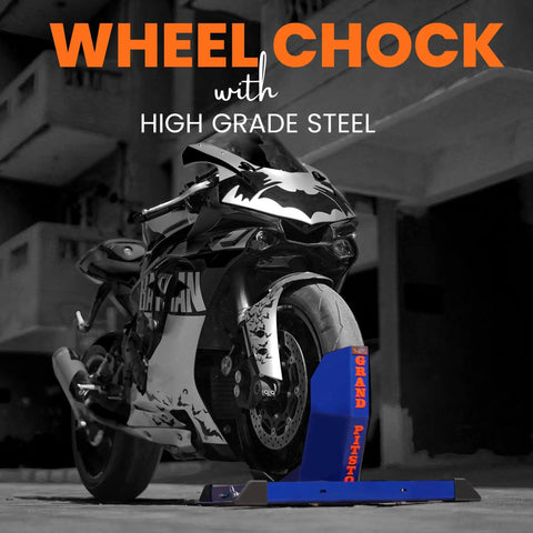 Motorcycle secured in blue Universal Wheel Chock for Motorcycle Stand for Trailer Storage Adjustable Foldable Detachable by Grand Pitstop