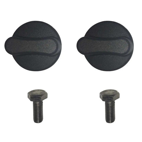 Black quick-release knobs and bolts from Deluxe Motorcycle Wheel Chock Kit With Quick Release Ratchet Straps And D Ring System Orange And Black For Rock Solid Front And Rear Tie Downs From Lock N Load.