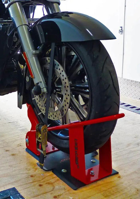 Deluxe Motorcycle Wheel Chock Kit With Quick Release Ratchet Straps And D Ring System Orange And Black For Rock Solid Front