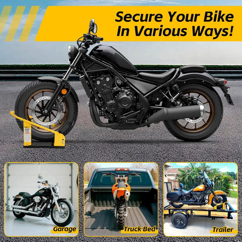 Adjustable Motorcycle Wheel Chock Stand With Auto Lock Swivel For 15 To 21 Inch Tires, Heavy Duty Steel Support, Mounts To Floor, Truck Bed Or Trailer, Universal Wheel Fit, Hardware Included MaxxHaul holding a motorcycle in place in a garage, truck bed, and trailer scene.