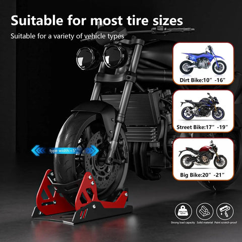 Heavy Duty Electric Dirt Bike Wheel Chock and Trailer Stand 1800 Lb Capacity Universal 8 To 21 Inch Wheel shown with bike front wheel
