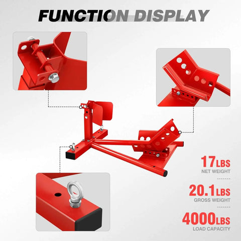Heavy Duty Motorcycle Wheel Chock And Adjustable Front Wheel Stand For 15 To 22 Inch Wheels Ideal For Trailers Shops And Garages Supports Up To 4000 Lbs Red Finish Built Tough By DNA Motoring shown in close-up with load capacity details.
