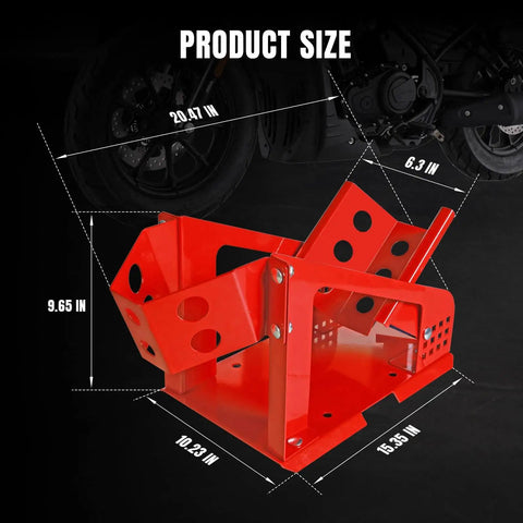 Heavy Duty Motorcycle Wheel Chock And Front Tire Stand, Supports Up To 1800 Lbs, shown with red steel construction and dimensions