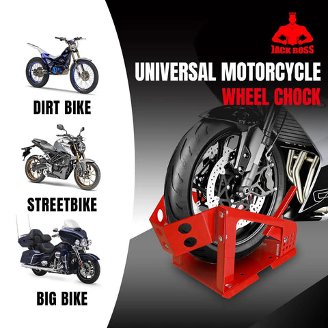 Heavy Duty Motorcycle Wheel Chock And Front Tire Stand, Supports Up To 1800 Lbs, red chock holding front tire of motorcycle