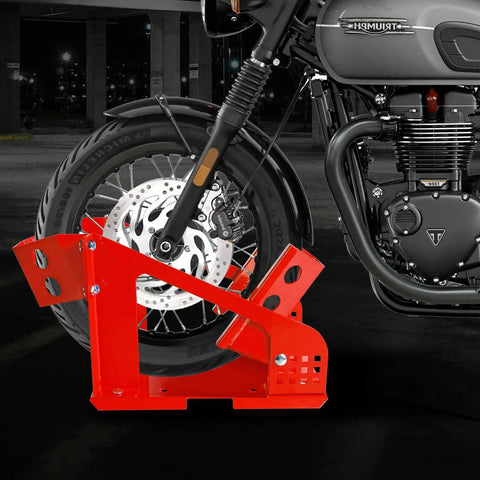 Red Heavy Duty Motorcycle Wheel Chock And Front Tire Stand, Supports Up To 1800 Lbs, adjustable with 12 holes, holding a motorcycle tire