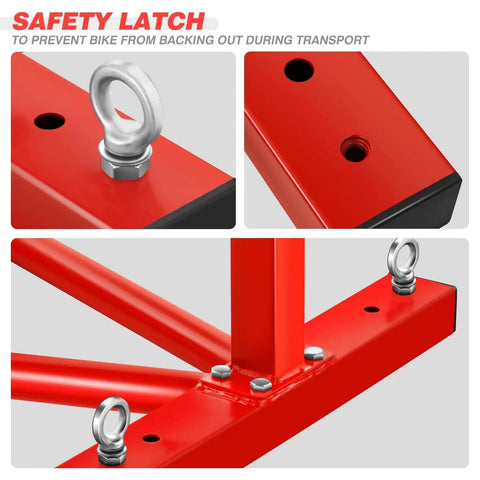 Close-up of safety latch on Heavy Duty Motorcycle Wheel Chock and Adjustable Front Wheel Stand, red finish by DNA Motoring.
