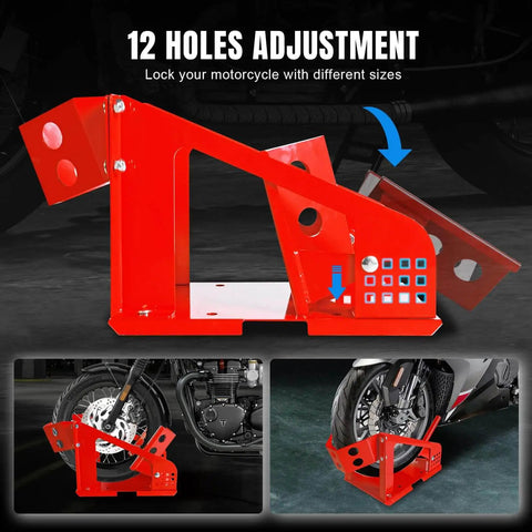 Heavy Duty Motorcycle Wheel Chock And Front Tire Stand shown in steel with adjustable 12-hole length for positioning, red finish