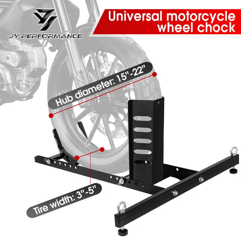 Heavy Duty Motorcycle Wheel Chock And Universal Front Wheel Stand For Trailers And Rigs 1800 Lb Capacity Fits 15 To 22 Inch Wheels