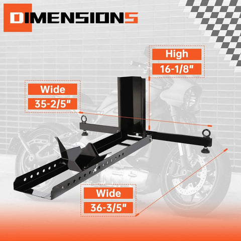 Dimensions of Heavy Duty Motorcycle Wheel Chock Stand With Beefed-Up 1800 Pound Capacity, Adjustable Front Tire Stand shown.