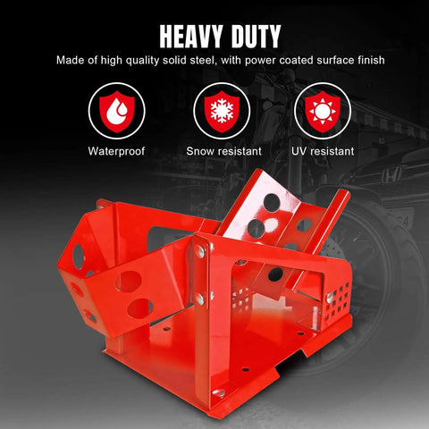 Heavy Duty Motorcycle Wheel Chock And Front Tire Stand in red, steel with powder-coated finish, waterproof, snow, and UV resistant