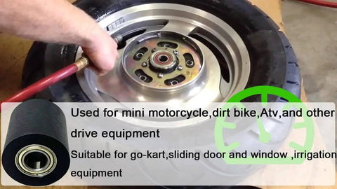 Person inflating motorcycle tire with visible mechanical pulley bearings for mini motorcycles and other equipment use