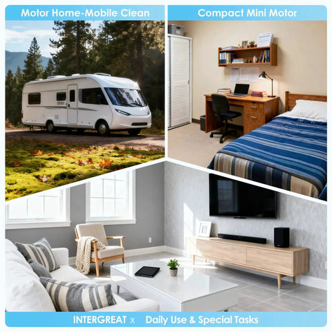 Collage of RV in a forest, tidy bedroom, and modern living room, showcasing versatility for home and travel use.