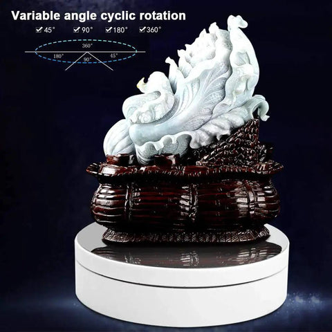 Motorized 360 Degree Rotating Display Stand for Jewelry and Collectibles with statue, 5.43 inches, adjustable angles.