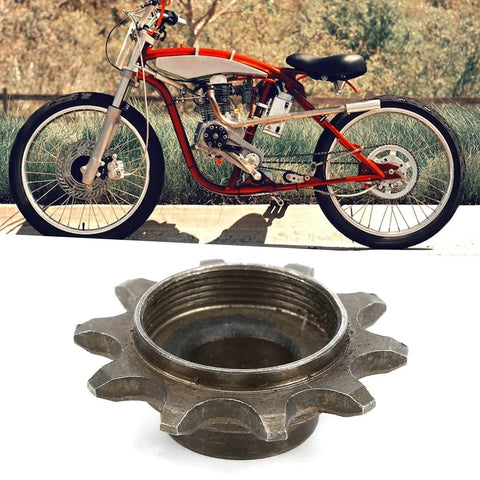 10T Iron Alloy Front Sprocket Cog For 415 Chain Motorized Gear Replacement shown with motorized bicycle