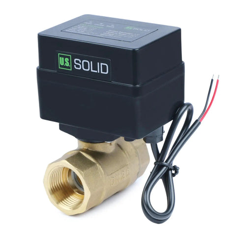 Motorized Brass Ball Valve Three Quarter Inch Standard Port With Nine To Thirty Six Volt AC DC Operation, side view.
