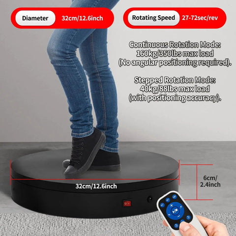 Person standing on Electric Motorized Turntable 12.6 Inch Diameter Remote Controlled Rotating Display Stand Heavy Duty Platform Up To 350 Lbs Ideal For Photography 3D Scanning And Exhibition Displays For Events, showing remote control and specifications.