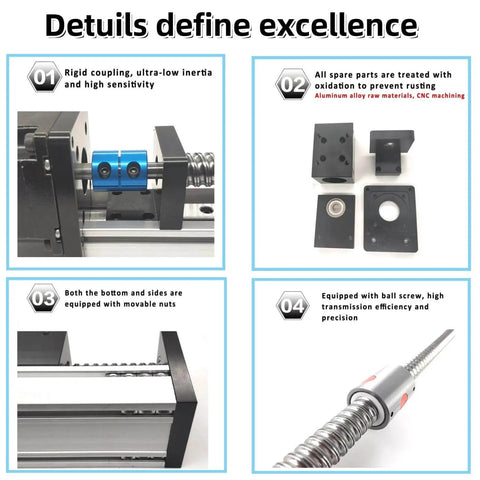 Details of motorized linear guide stage motion 12" 300mm stroke sfu1605 ballscrew actuator components and features