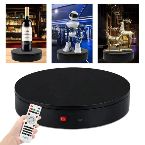 32cm Motorized Rotating Platform With 350lbs Capacity For Photography And Display, showing wine, robot, and sculpture