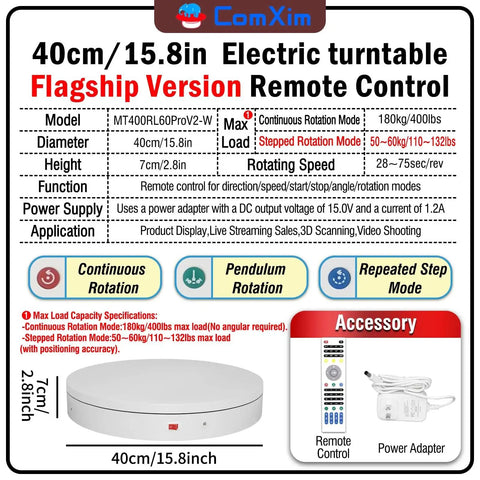 Diagram of Remote Motorized Turntable For Photography And 3D Scanning, 15.8 Inch Diameter Electric Rotating Display Stand specifications