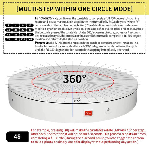 Remote Motorized Turntable For Photography And 3D Scanning, 15.8 Inch Diameter Electric Rotating Display Stand with multi-step mode diagram