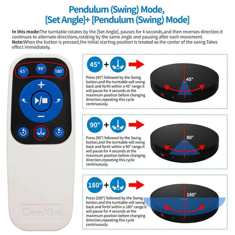 Remote control and Electric Motorized Turntable 12.6 Inch Diameter Remote Controlled Rotating Display Stand showing swing modes