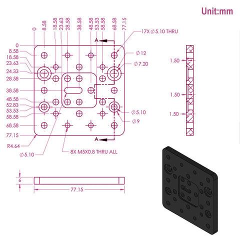Diagram and 3D rendering of 250mm 4080U screw slide table linear actuator for 3D printers, showing dimensions and mounting holes.