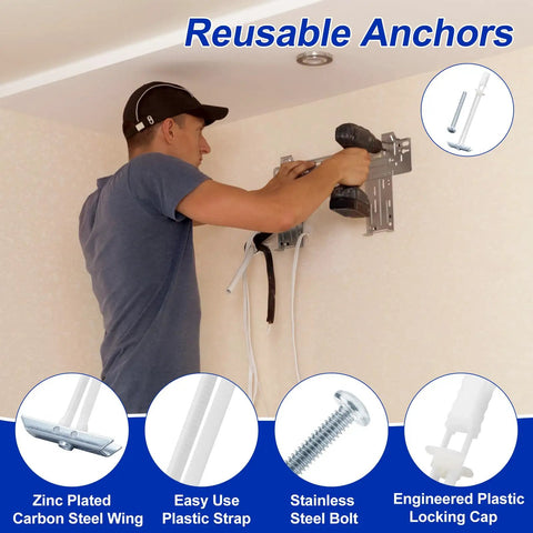 Man installing TV mount with Heavy Duty Drywall Anchors Kit With Included 1/4-20 Bolts Holds Up To 270 Pounds Per Anchor For 1/2 Inch Drywall.