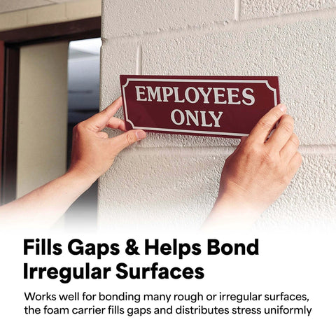 Double Sided Urethane Foam Tape With Super Sticky Acrylic Adhesive For Bonding Attaching And Mounting White 1 Inch By 5 Yard Roll Gap Filling On Textured Or Uneven Surfaces used to attach an 'Employees Only' sign on a textured wall.