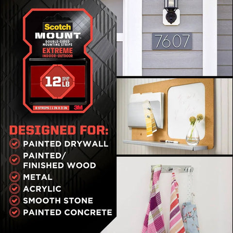 Extreme Double Sided Mounting Strips Mega Pack 1 Inch By 3 Inch Tape Holds Up To 30 Lbs Indoor Or Outdoor Use on drywall and fixtures