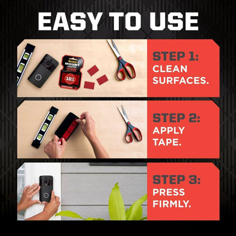 Instructions for using Extreme Double Sided Mounting Strips Mega Pack 1 Inch By 3 Inch Tape in 3 steps shown.